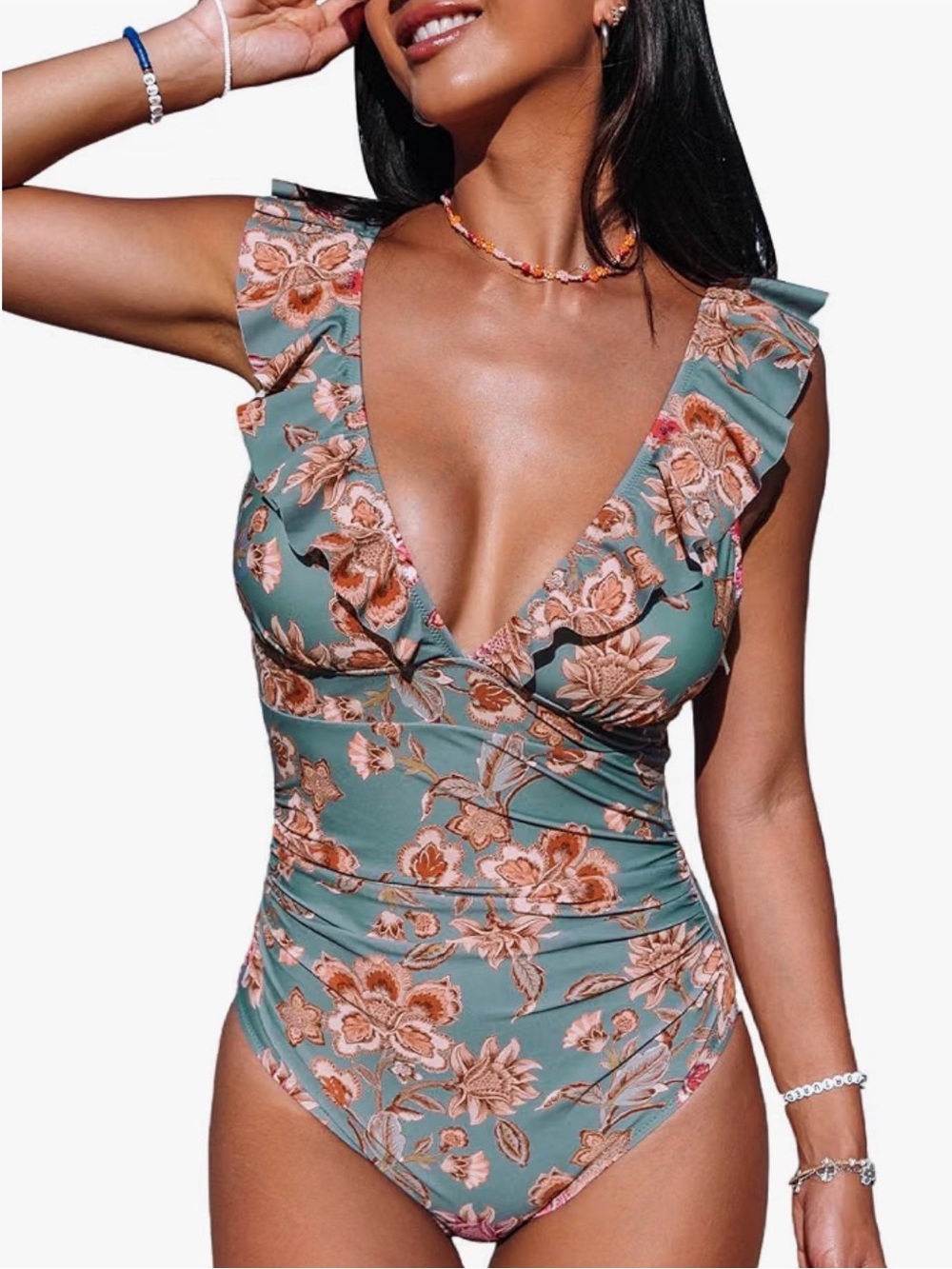CUPSHE Floral Ruffle V-Neck One-Piece Swimsuit in Teal and Peach
